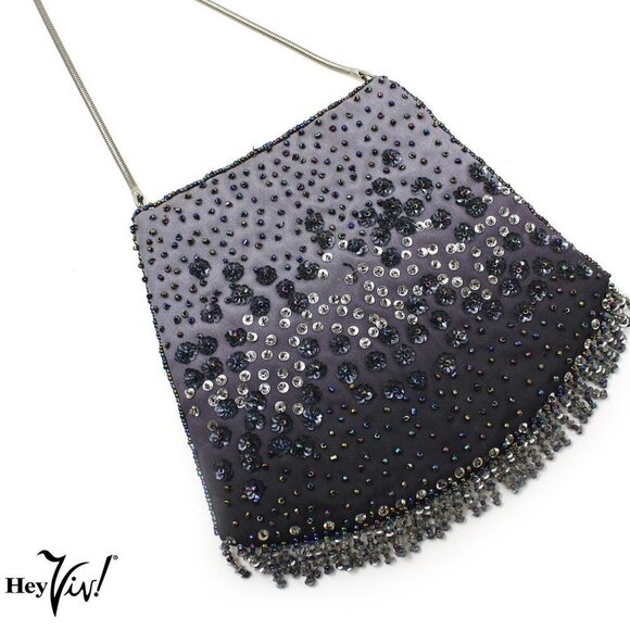 Beaded Gray to Black Ombre Evening Bag w Chain Handle and Bead Fringe - Hey Viv - Picture 1 of 6